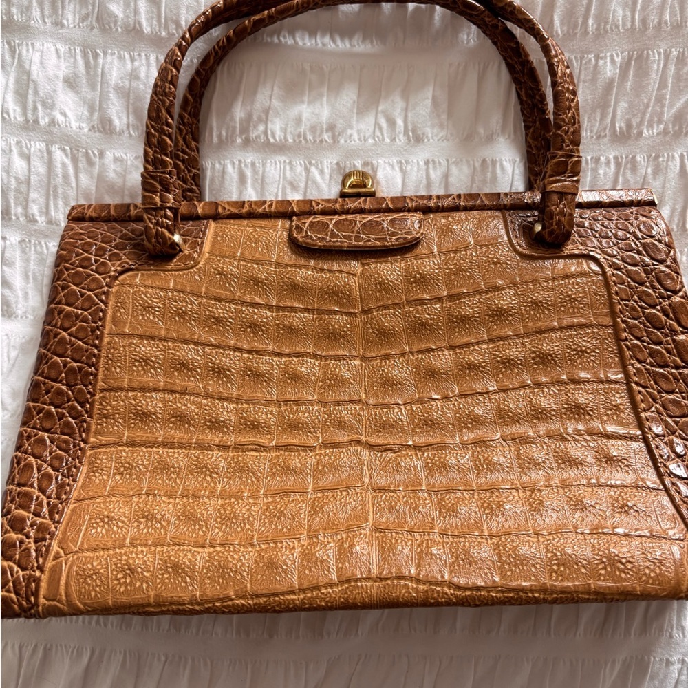Tan Croc-Embossed Satchel Handbag - vintage Rieke - Picture 8 of 12